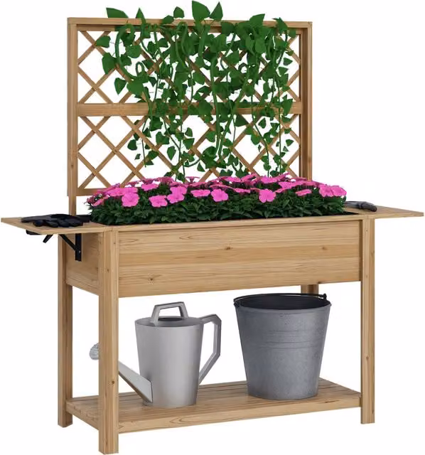 Fioriera rettangolare XYLO in legno di abete oliato marrone con griglia a traliccio e mensole pieghevoli L: 151 cm, P: 45 cm, H: 70 cm