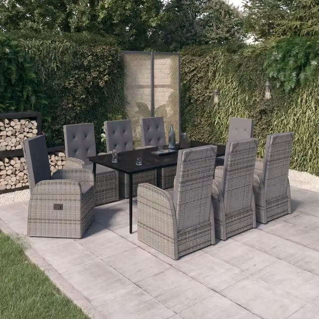 Set da pranzo da giardino vidaXL in polyrattan con tavolo in vetro e 9 pezzi, Grigio e Nero