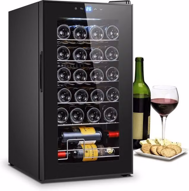 Cantinetta vino refrigerata Wintem nera con display LED touch, mensole in metallo e illuminazione interna LED