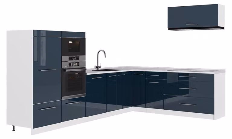 Cucina angolare completa Vicco Fame-Line Blu scuro lucido/Bianco 327 x 227 cm, PL Marmo, Model 64431