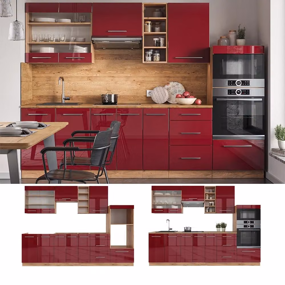 Cucina componibile moderna Vicco Fame-Line Bordeaux lucido e Rovere dorato con piano Antracite, L: 280 cm – 2