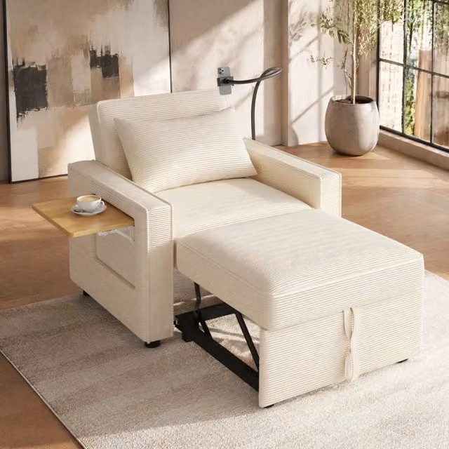 Divano letto singolo REDOM in tessuto corduroy beige con porte USB e Type-C, L/P/H: 93 x 150 x 85 cm
