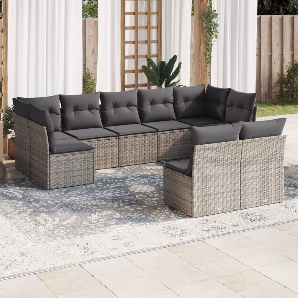 vidaXL Set Divano da Giardino a Forma di U in Polyrattan Grigio con 9 Pezzi e Cuscini Imbottiti – 1