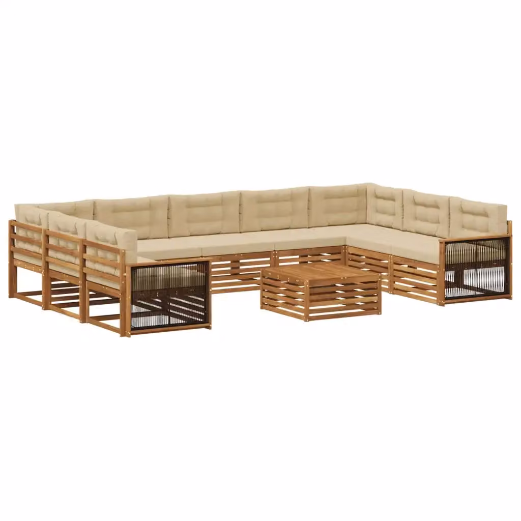 Set di divani da esterno a forma di U con tavolino da caffè vidaXL in legno di acacia, colore beige e marrone, composto da 10 pezzi con cuscini inclusi – 2