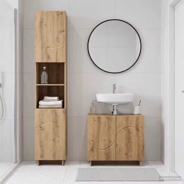 Set mobili da bagno moderno vidaXL in legno rovere marrone composto da mobile lavabo e colonna alta – 1
