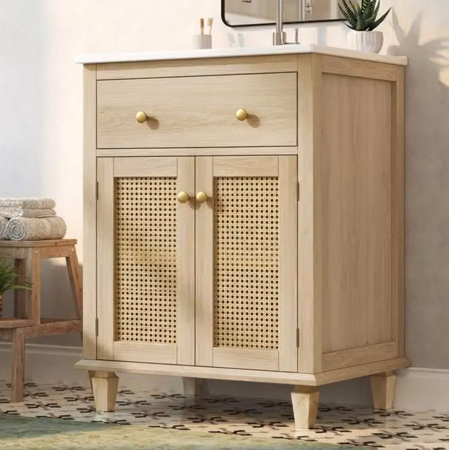 Mobile bagno freestanding 61 cm con lavello in ceramica; ante in rattan e ripiani regolabili Natural Wood