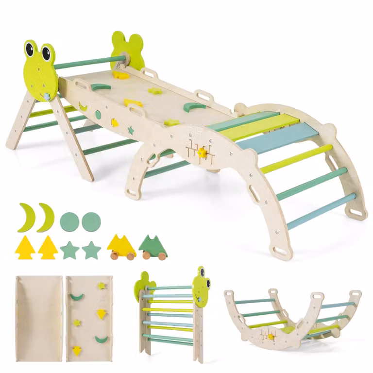 Set di 3 strutture per arrampicata indoor COSTWAY, triangolo pieghevole con scivolo, arco di arrampicata, rampa bifacciale, set di mattoncini e 2 macchinine, per bambini da 1+
