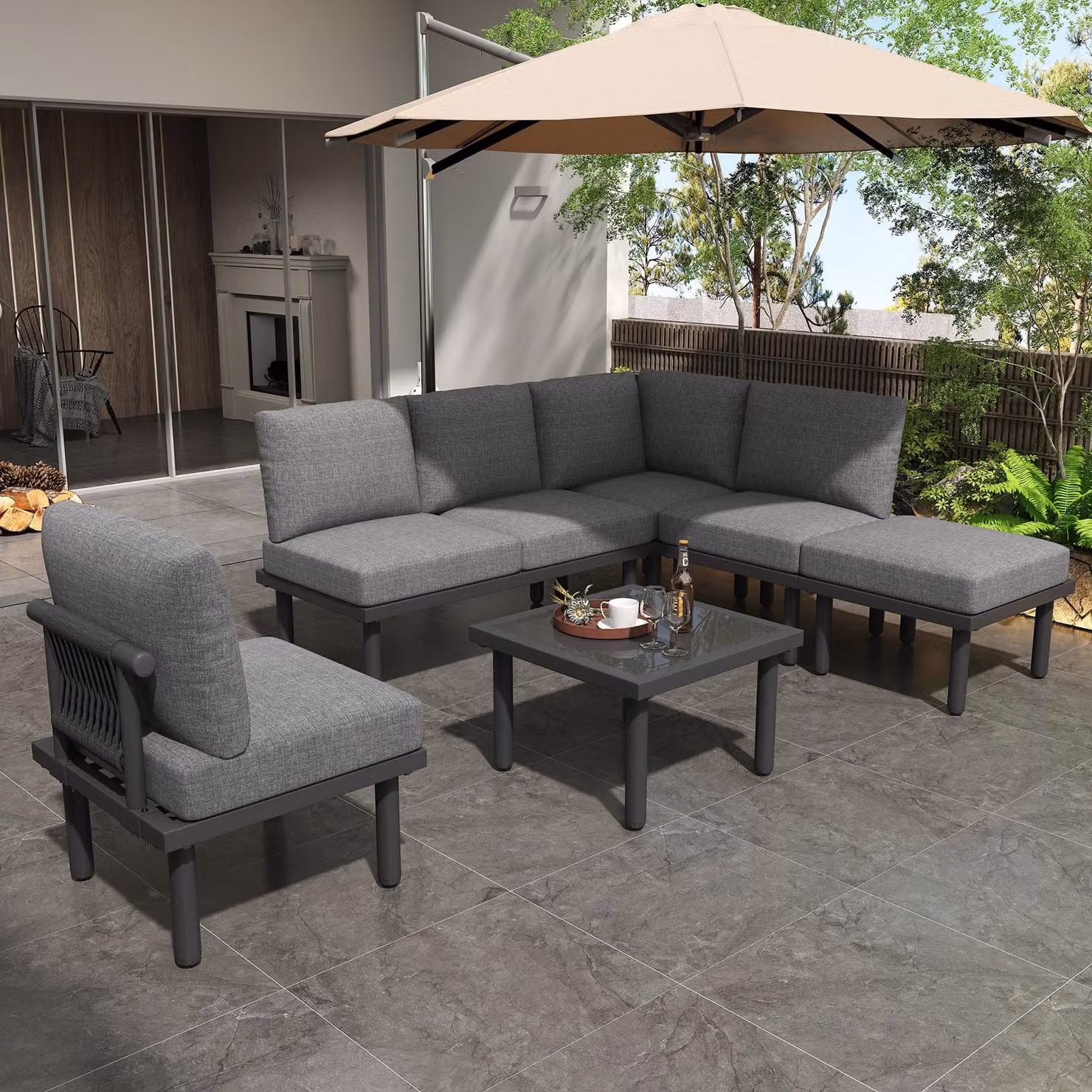 Set di 6 poltrone da giardino STILVORA, con tavolino in vetro, set di mobili da giardino con piedini regolabili, gruppo sedute con cuscini per seduta e schienale, colore grigio