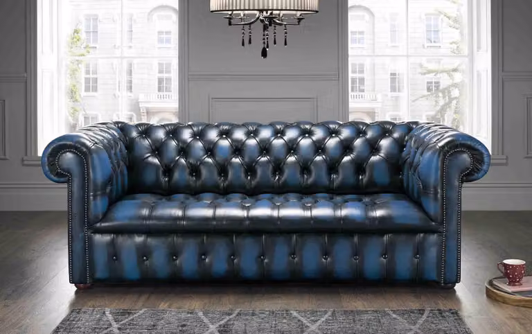 XXL Blau Sofa 3 Sitzer Couch Chesterfield Polster Sitz Garnitur Leder
