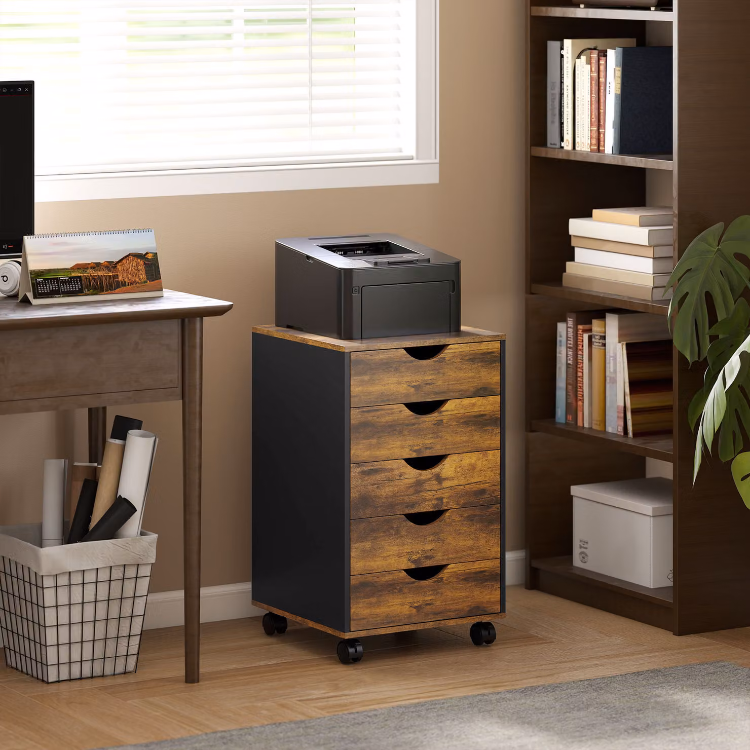 Cassettiera da ufficio HOMCOM con 5 cassetti e ruote girevoli con freni, Marrone, L/P/H: 40 x 40 x 67 cm – 2