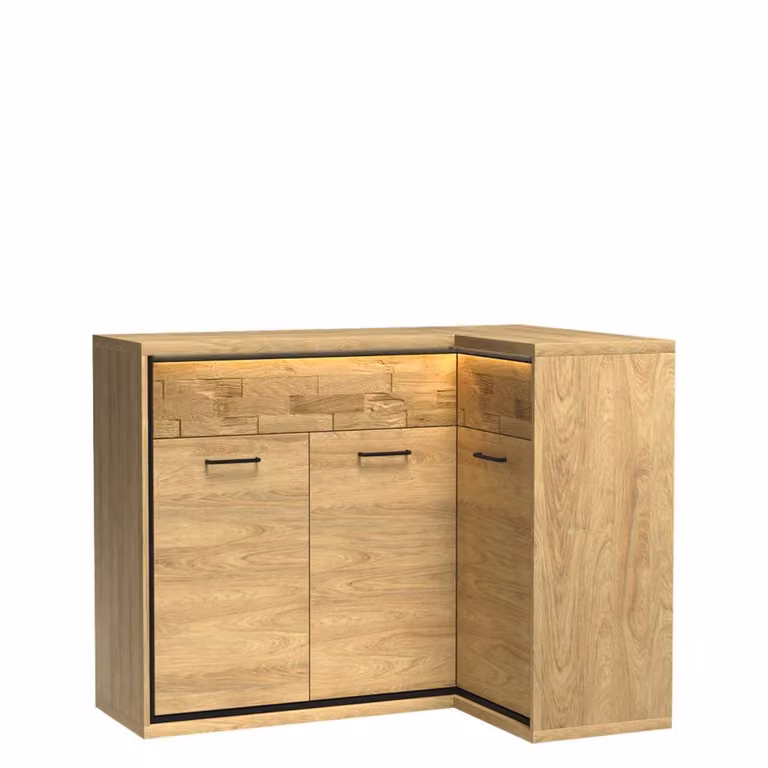 Cassettiera combinata ad angolo con illuminazione a LED SUCRE 4 – noce hikora / rovere