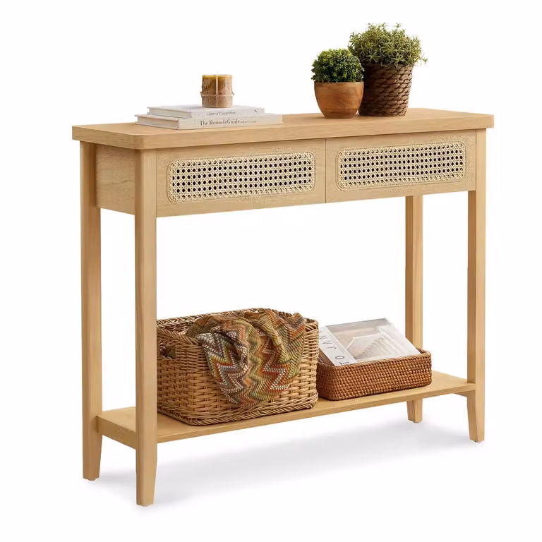 Tavolo Consolle Ingresso Sottile con Cassetti e Ripiano Aperto per Soggiorno, Beige Rovere