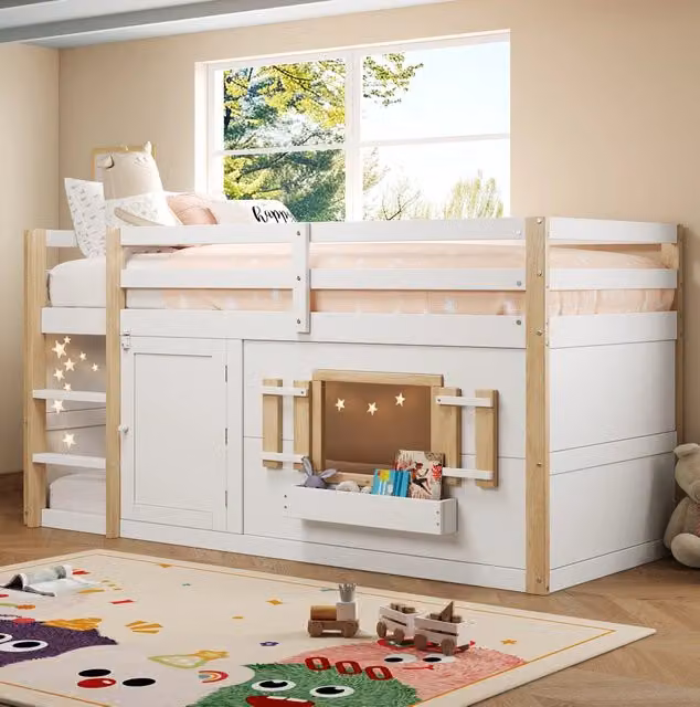 Letto a soppalco 90x200 cm con scala e rete a doghe in legno massello e MDF bianco