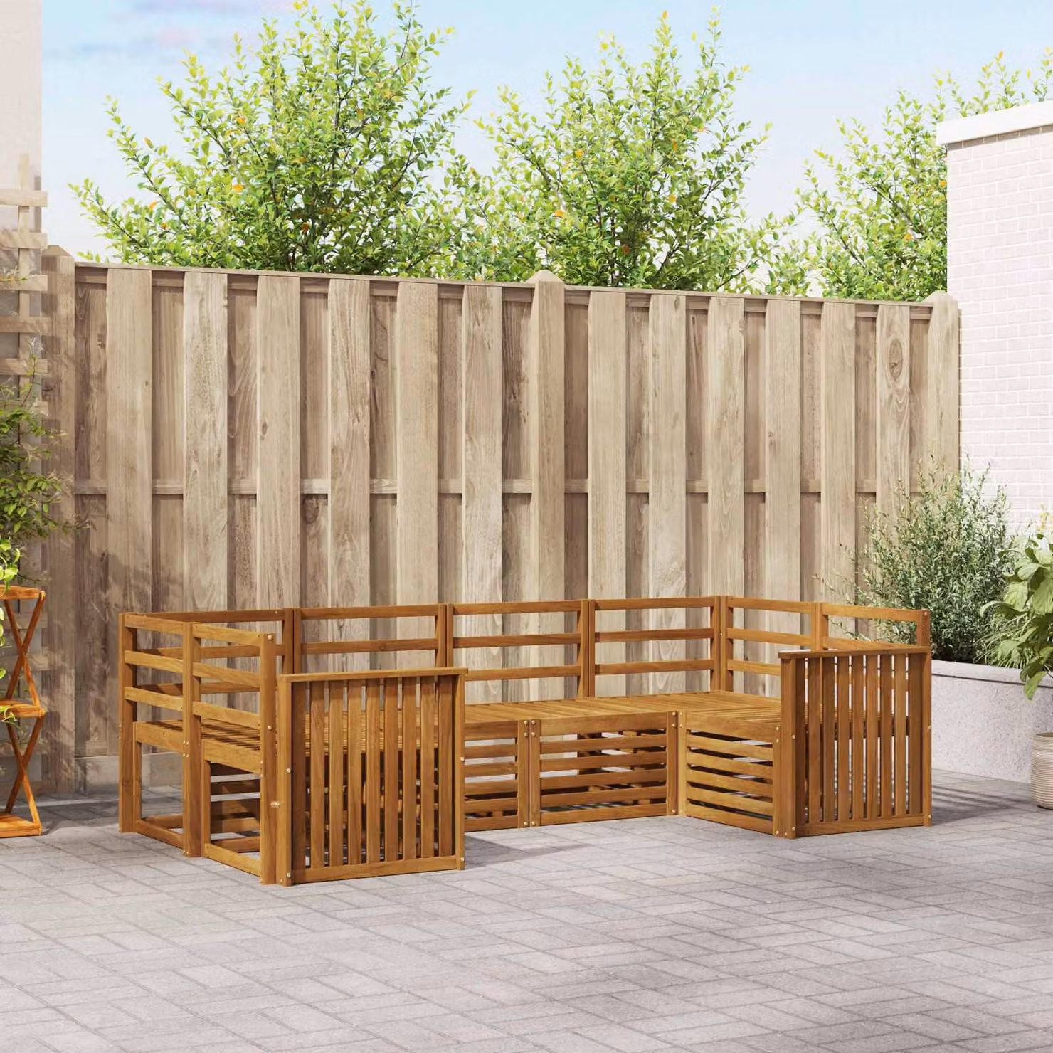 Set di divani da esterno vidaXL in legno di acacia marrone con cuscini, composizione a L per giardino e terrazza, 6 pezzi