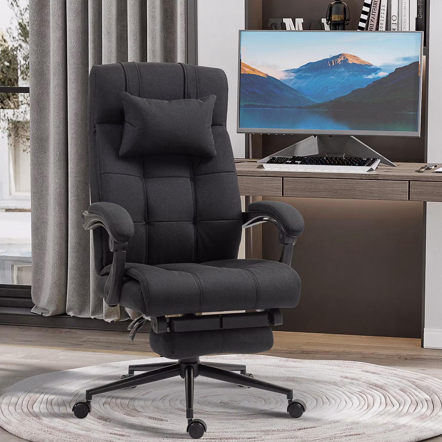 Sedia da ufficio Vinsetto nera con poggiatesta e poggiapiedi, sedia girevole moderna in tessuto e metallo per home office – 2
