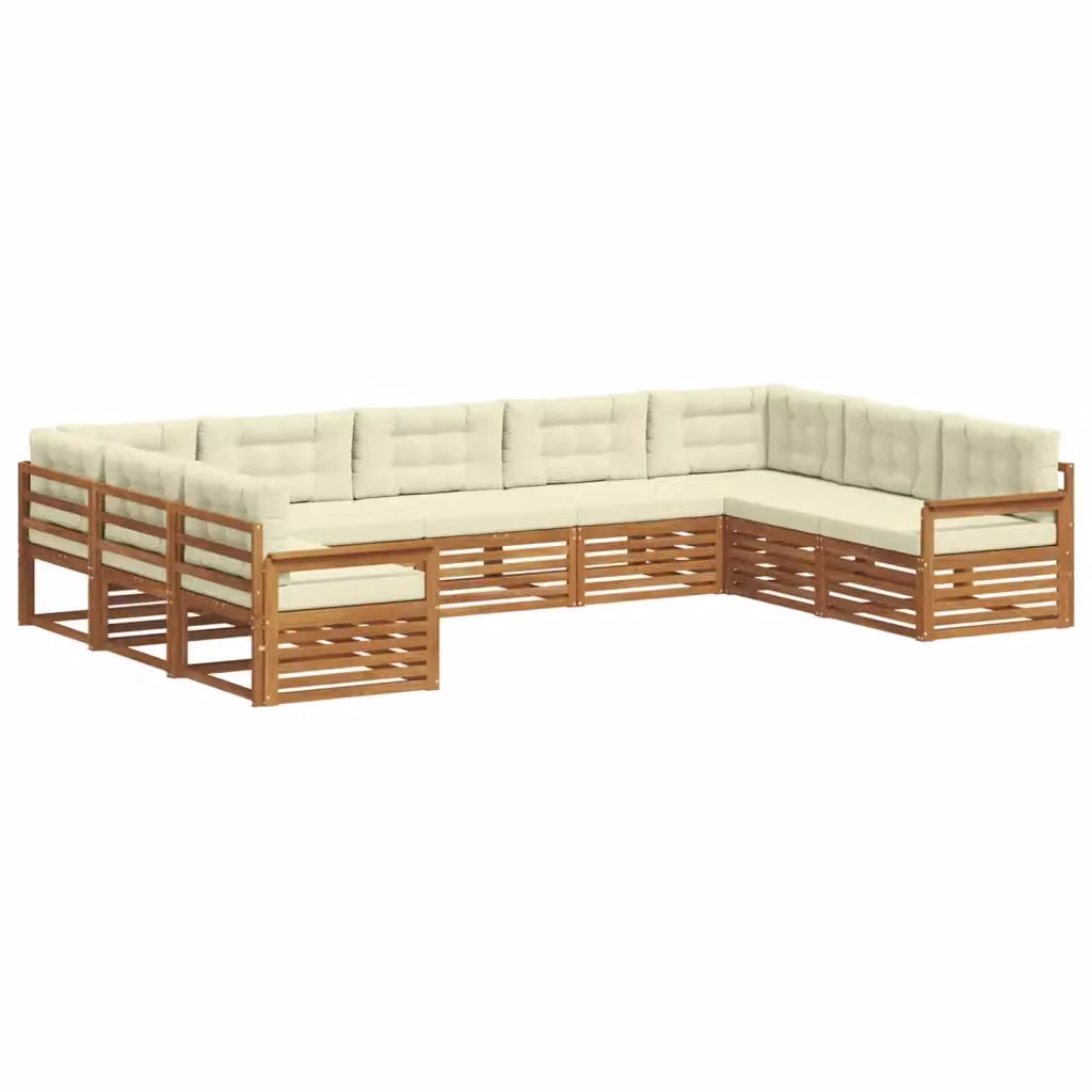 Set di divani da esterno vidaXL in legno di acacia con cuscini beige e bianco, composizione a L moderna per giardino e terrazza – 2