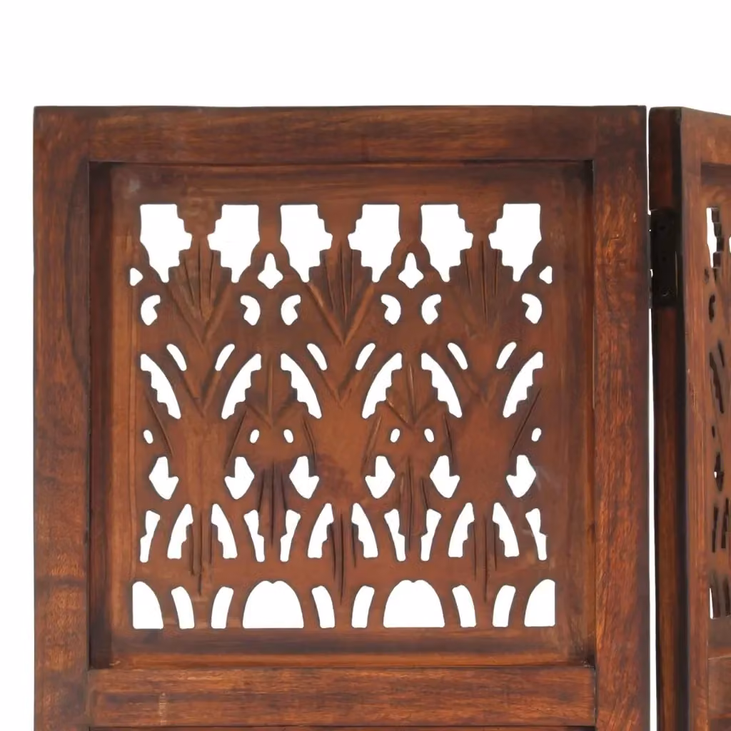 Divisorio a 3 Pannelli con Intaglio Floreale vidaXL in Legno di Mango Marrone L: 120 cm, H: 165 cm – 2