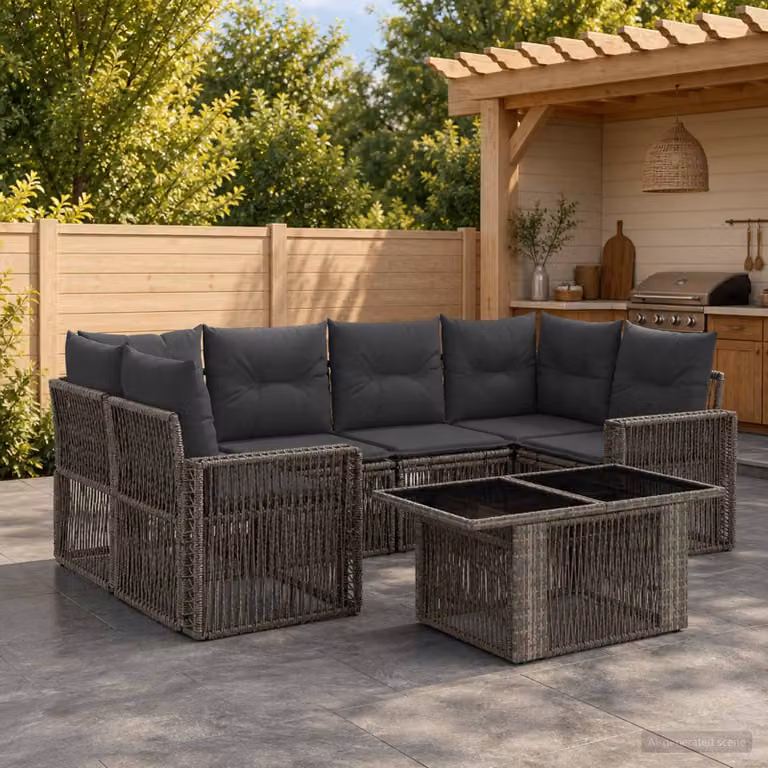 Set Divano da Giardino vidaXL 7 pz in Polyrattan Grigio e Antracite con Tavolino e Cuscini