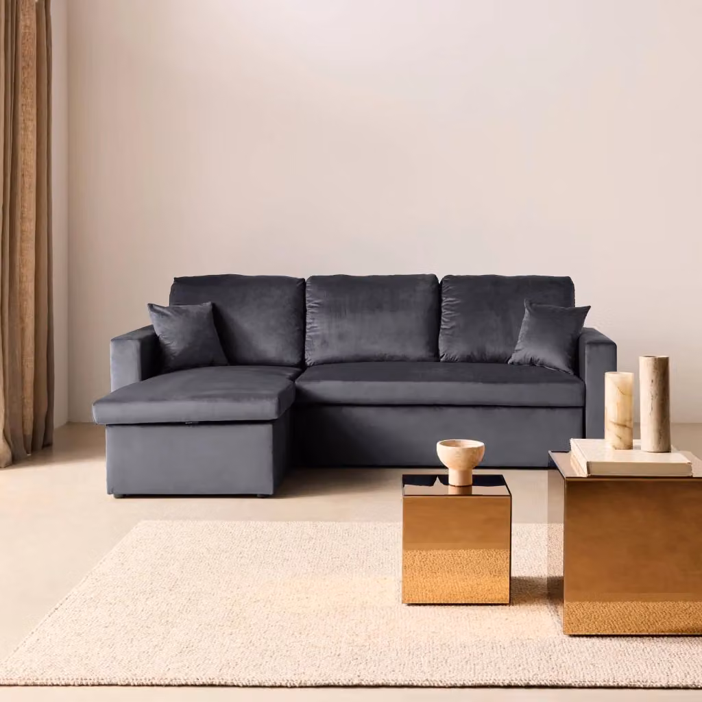 Divano letto angolare reversibile Sweeek in velluto grigio con contenitore e 3 posti, L/P/H: 219 x 120 x 81 cm – 2