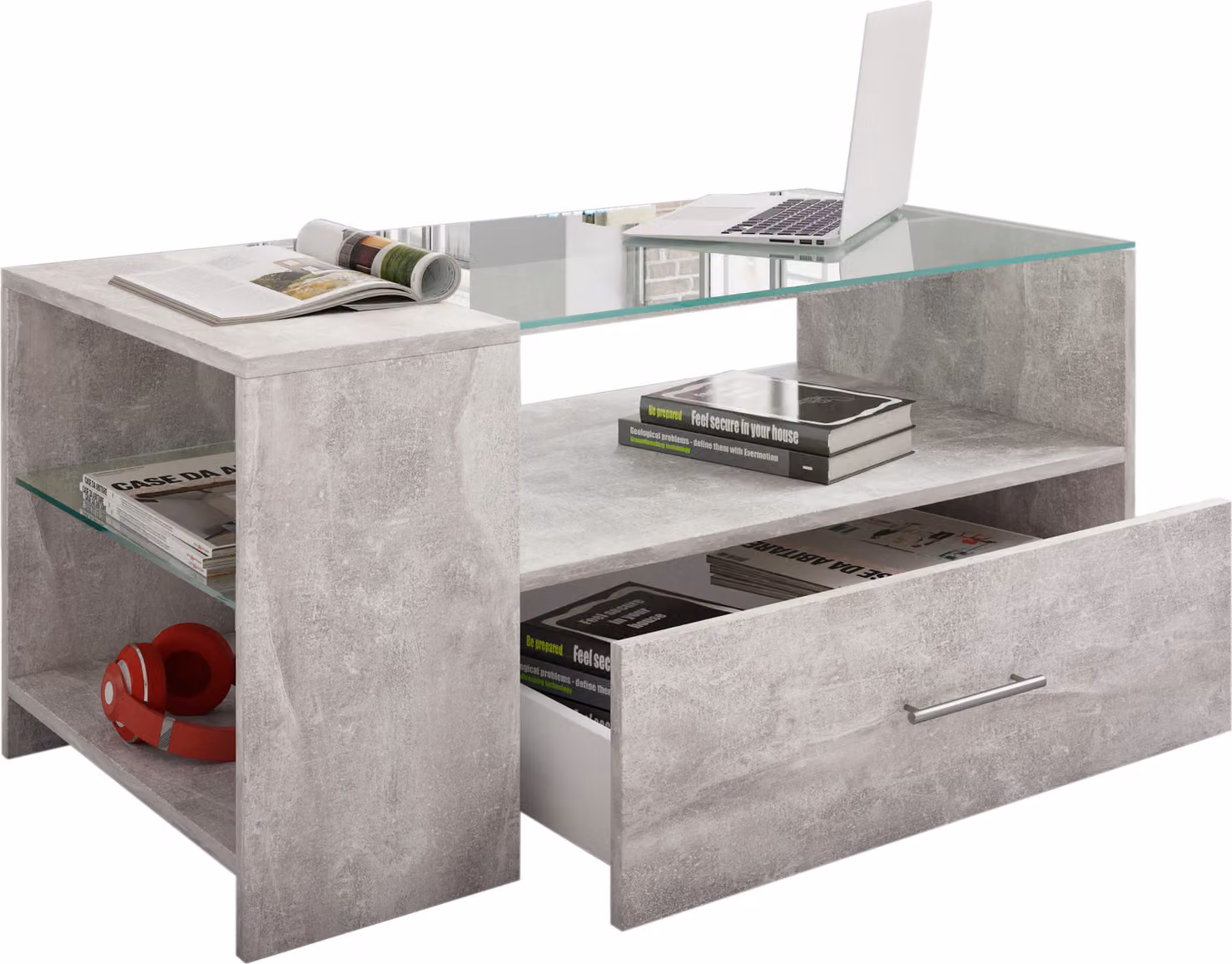 Tavolino in legno con vetro di sicurezza ESG | Sofatic con spazio di archiviazione sufficiente | Dimensioni ca. H. 45 x W. 100 x D. 50 cm | Tavolo soggiorno con cassetto - Tindala