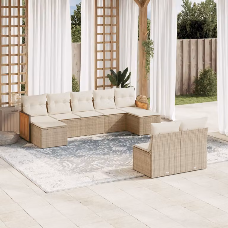 vidaXL Set Divano da Giardino 9 pz Moderno in Polyrattan e Legno di Acacia con Cuscini Beige e Ottoman