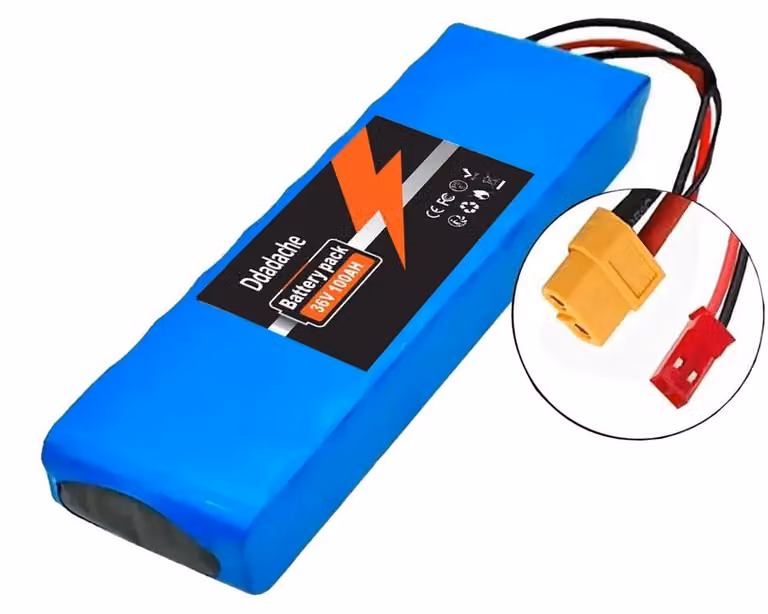 Batteria agli ioni di litio, capacità 100Ah, tensione 36V, connettori XT60-JST