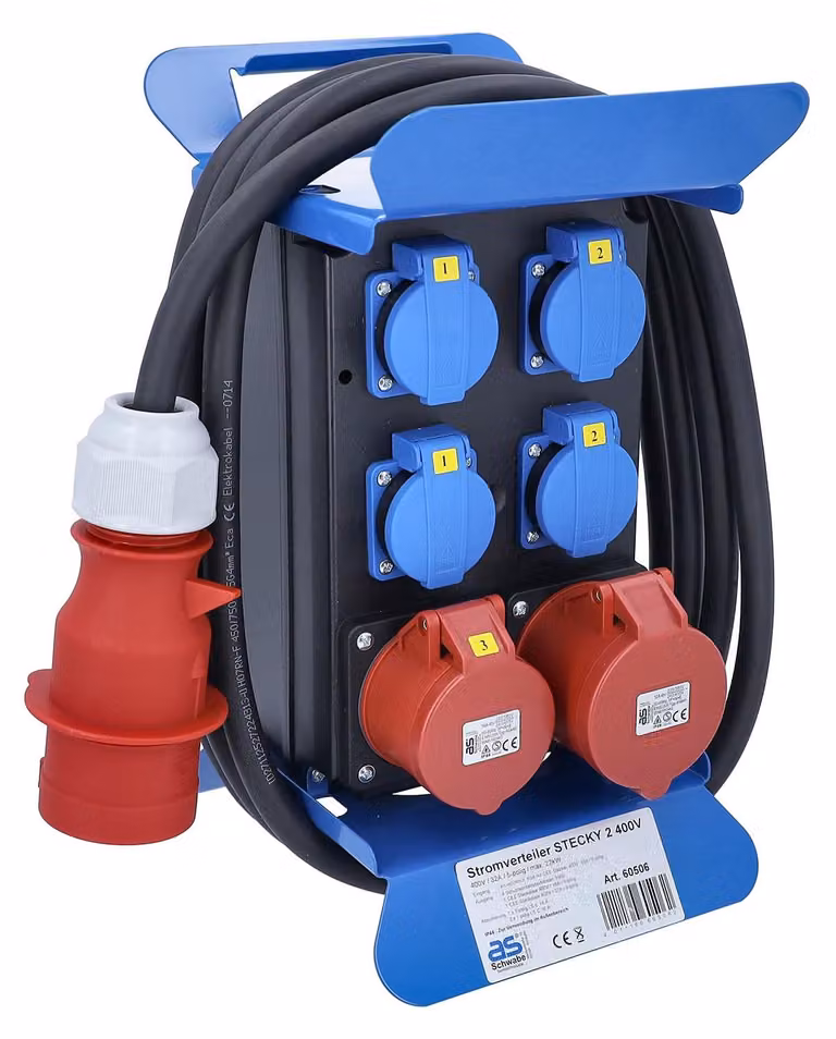 Distributore portatile di corrente CEI con 4 prese Schuko e 2 prese CEE, grado di protezione IP44