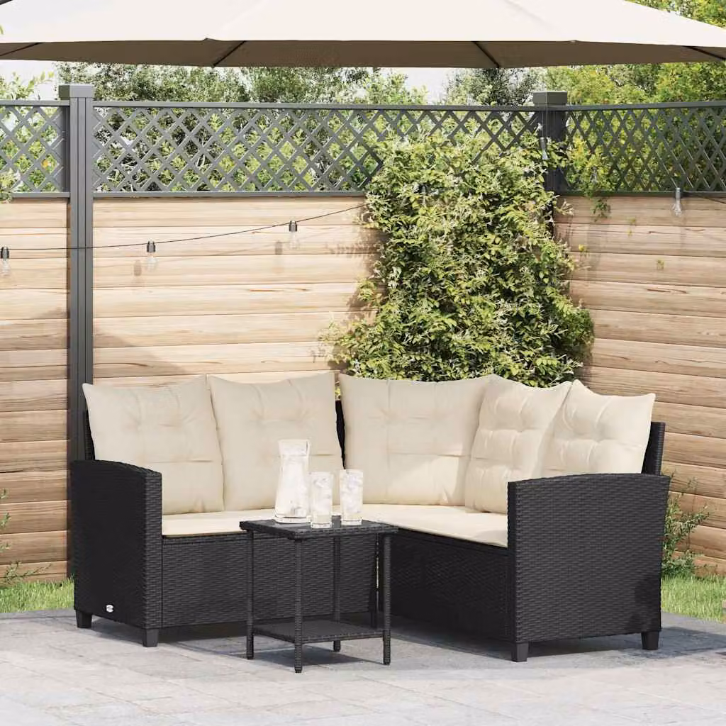 Set da giardino vidaXL a forma di L con divano angolare, tavolo da caffè e cuscini imbottiti in rattan e metallo nero