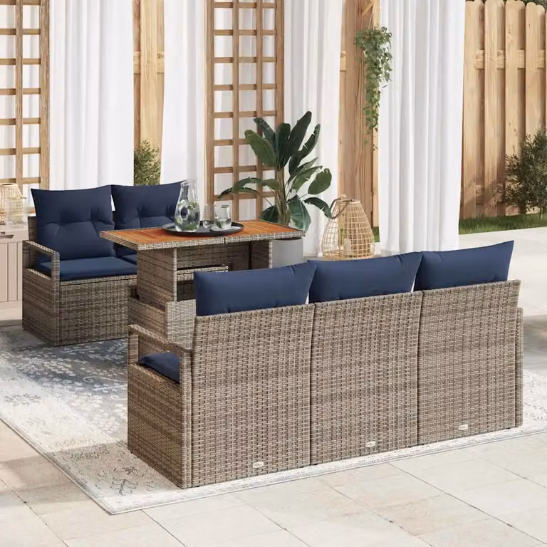 Set Divano da Giardino vidaXL 6 Pezzi a Forma di L con Tavolino e Pouf, Grigio e Blu
