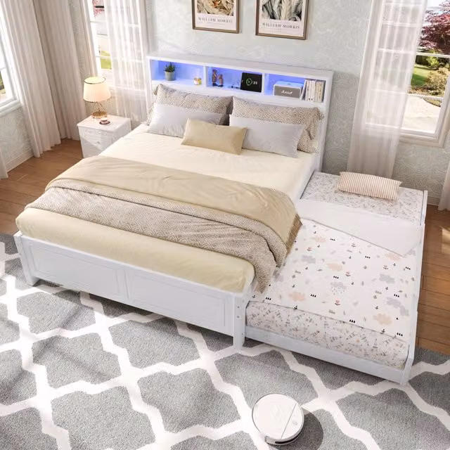 Letto Mivray con letto estraibile e illuminazione LED, porta di ricarica USB e scomparti laterali, colore bianco, L/P/H: 120 x 200 x 214 cm con secondo letto 90 x 190 cm