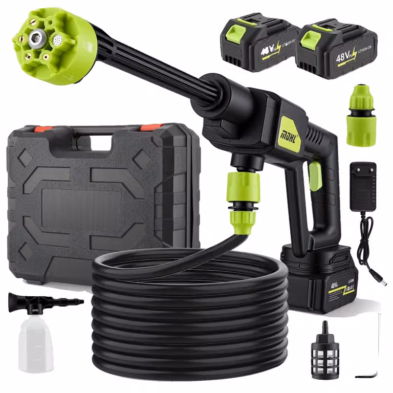 Idropulitrice portatile, pressione massima di 24 bar, capacità della batteria di 4Ah, lunghezza del tubo di 5 metri, 6 getti diversi, design leggero