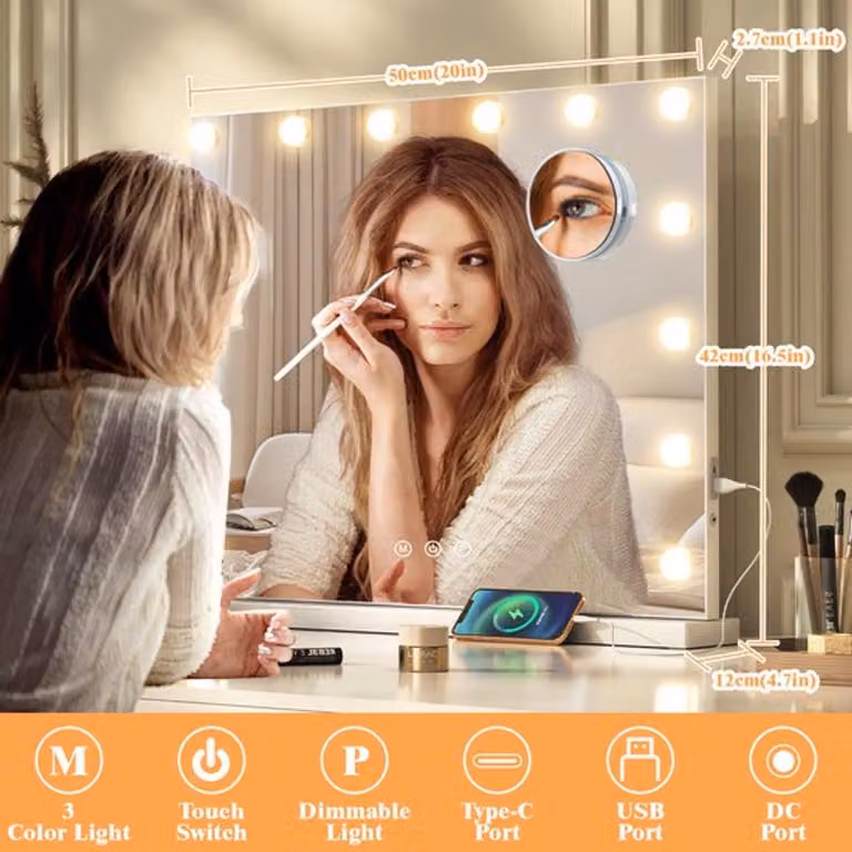 Specchio da trucco con illuminazione a LED e interruttore touch - Bianco, 40x50 cm - Da montare a parete