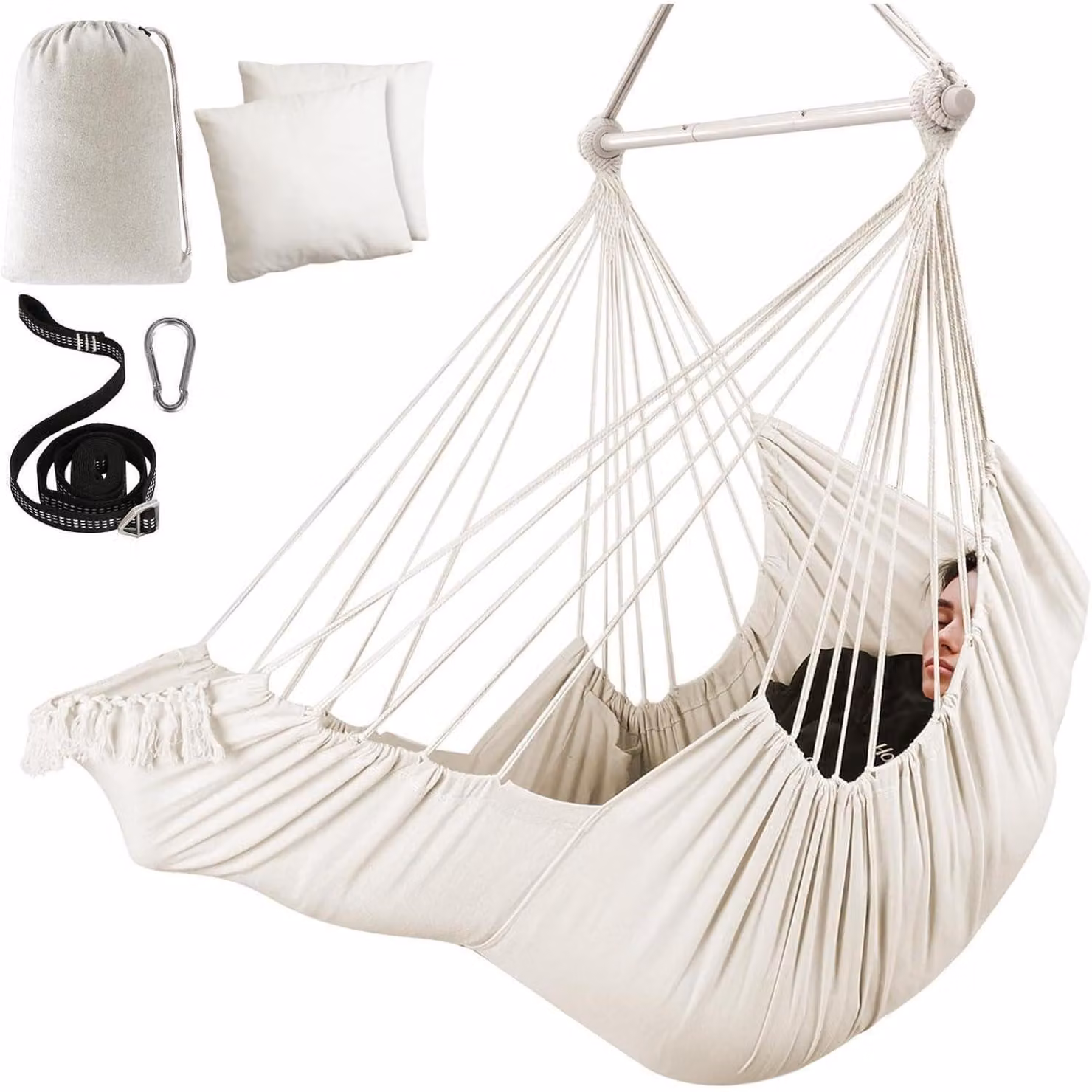 Sedia a dondolo sospesa con 2 cuscini, tessuto di cotone, tasca laterale, poggiapiedi, portata massima di 227 kg, colore bianco