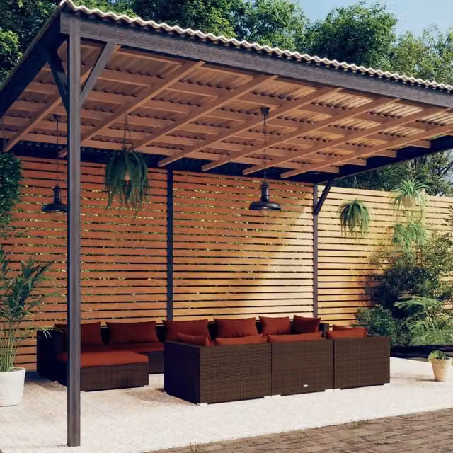 Set di divani da giardino vidaXL in rattan marrone con cuscini e struttura in acciaio rivestito in polvere – 1