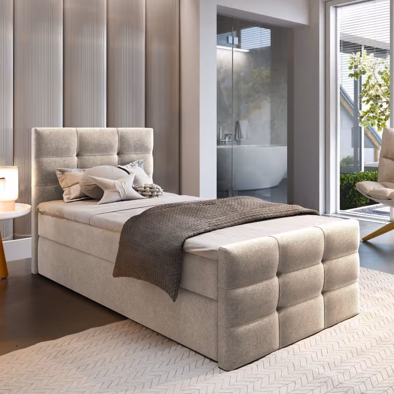 Letto a molle Masseno AMON 100 100x200 cm completo di materasso e topper Bonell, letto imbottito con cassettiera -Beige, COSMIC 10