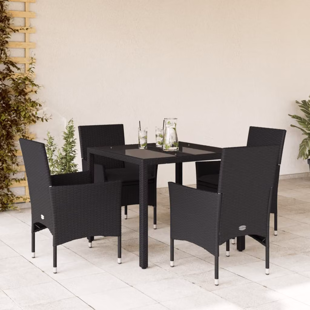 Set da pranzo da giardino vidaXL in polyrattan e vetro nero con 5 pezzi e cuscini – 1