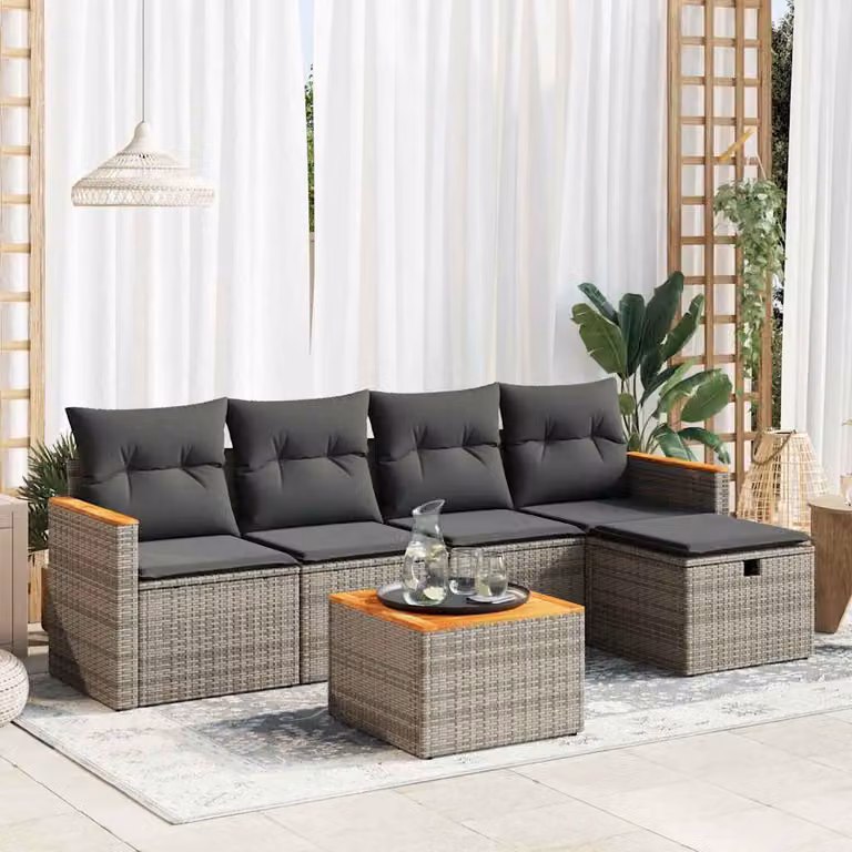 Set Divano da Giardino vidaXL in Polyrattan 6 Pezzi con Cuscini, Tavolino e Ottoman, Grigio e Marrone
