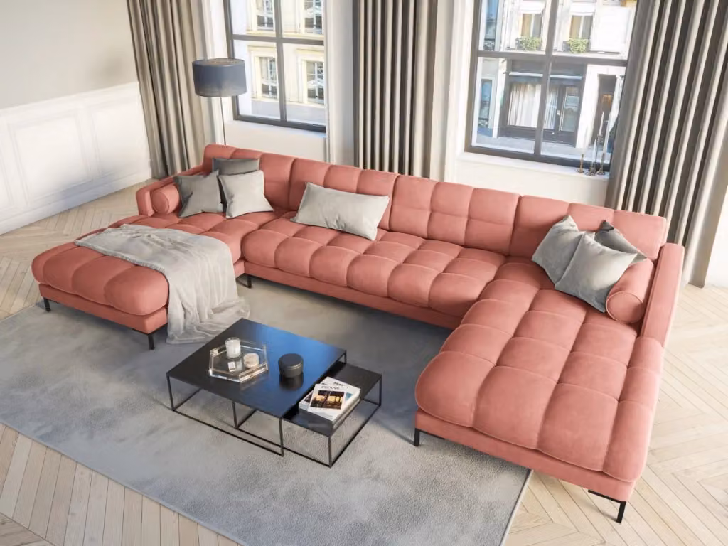 Divano panoramico Bali Cosmopolitan Design a 7 posti in velluto rosa con configurazione a L e seduta sinistra L/P/H: 383 x 155 x 75 cm – 2