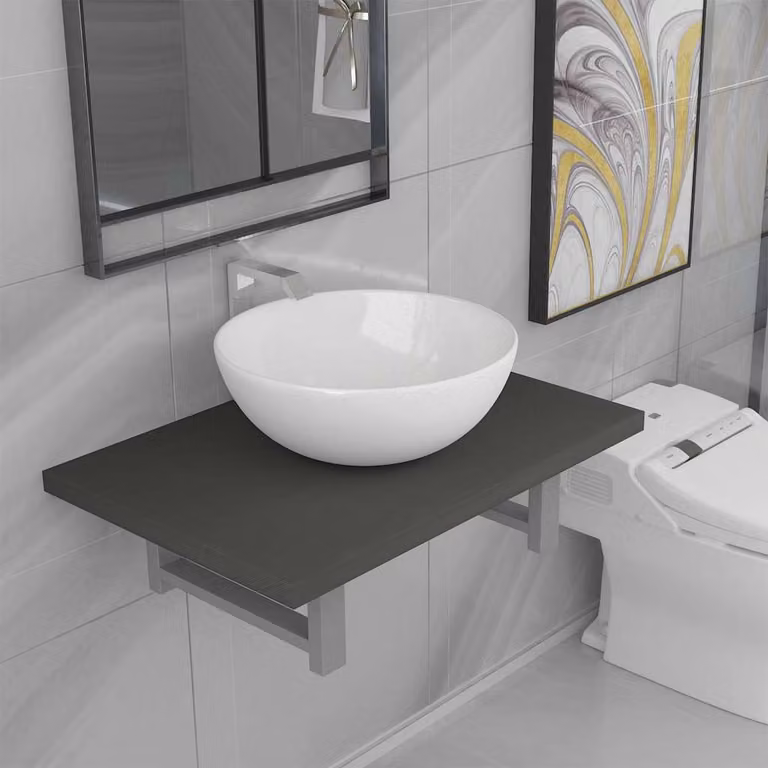 Set di mobili da bagno vidaXL in ceramica e legno, composto da mobile lavabo e pensile, grigio e bianco lucido