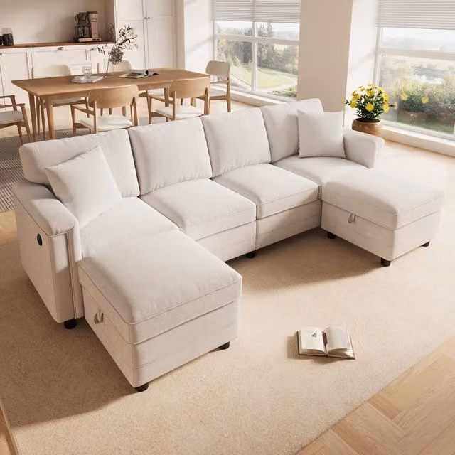 Divano modulare 261x134x82 cm configurabile a L e U in ciniglia beige