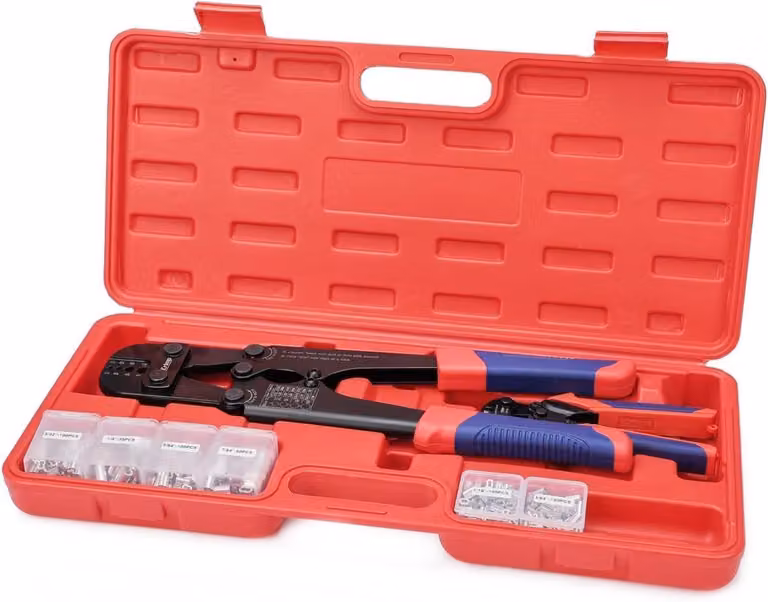 Set di utensili per crimpare con pinze e manicotti in alluminio – per cablaggi in acciaio