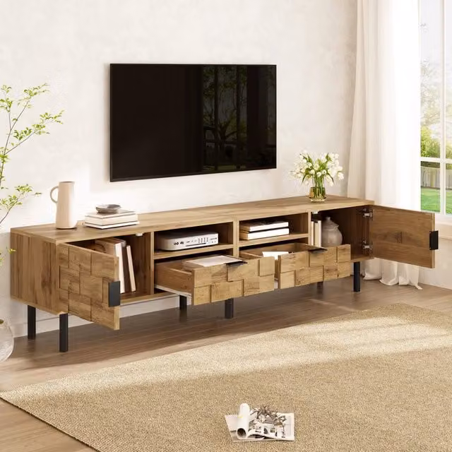 Mobile porta TV moderno OKWISH per soggiorno con 2 ante, 2 cassetti e vani aperti, in legno e metallo, colori beige, marrone e nero, L: 160 cm, P: 35 cm, H: 42,5 cm