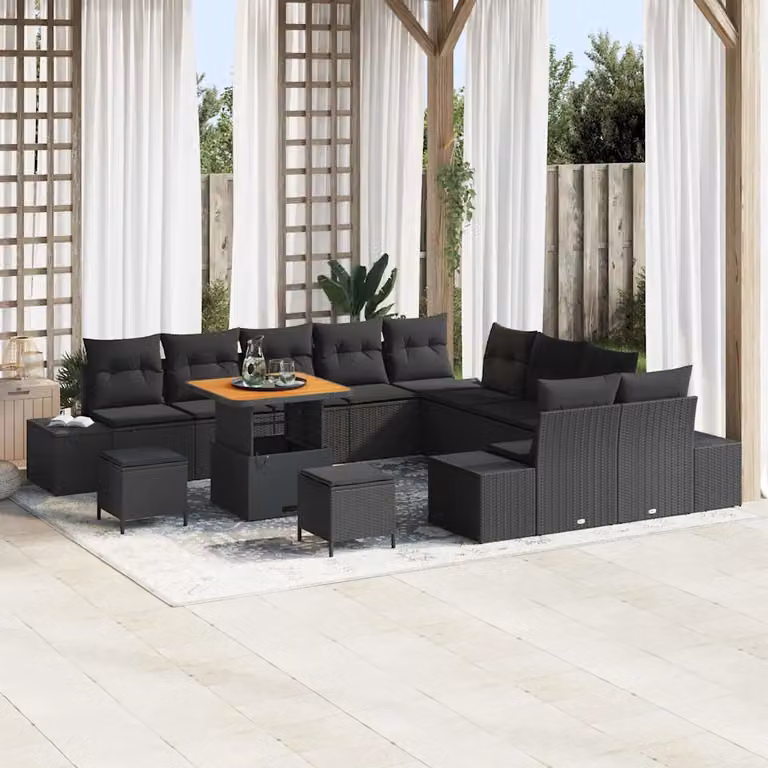 Set Divano da Giardino vidaXL a forma a U in Polyrattan Nero con Cuscini e Tavolino da 13 Pezzi