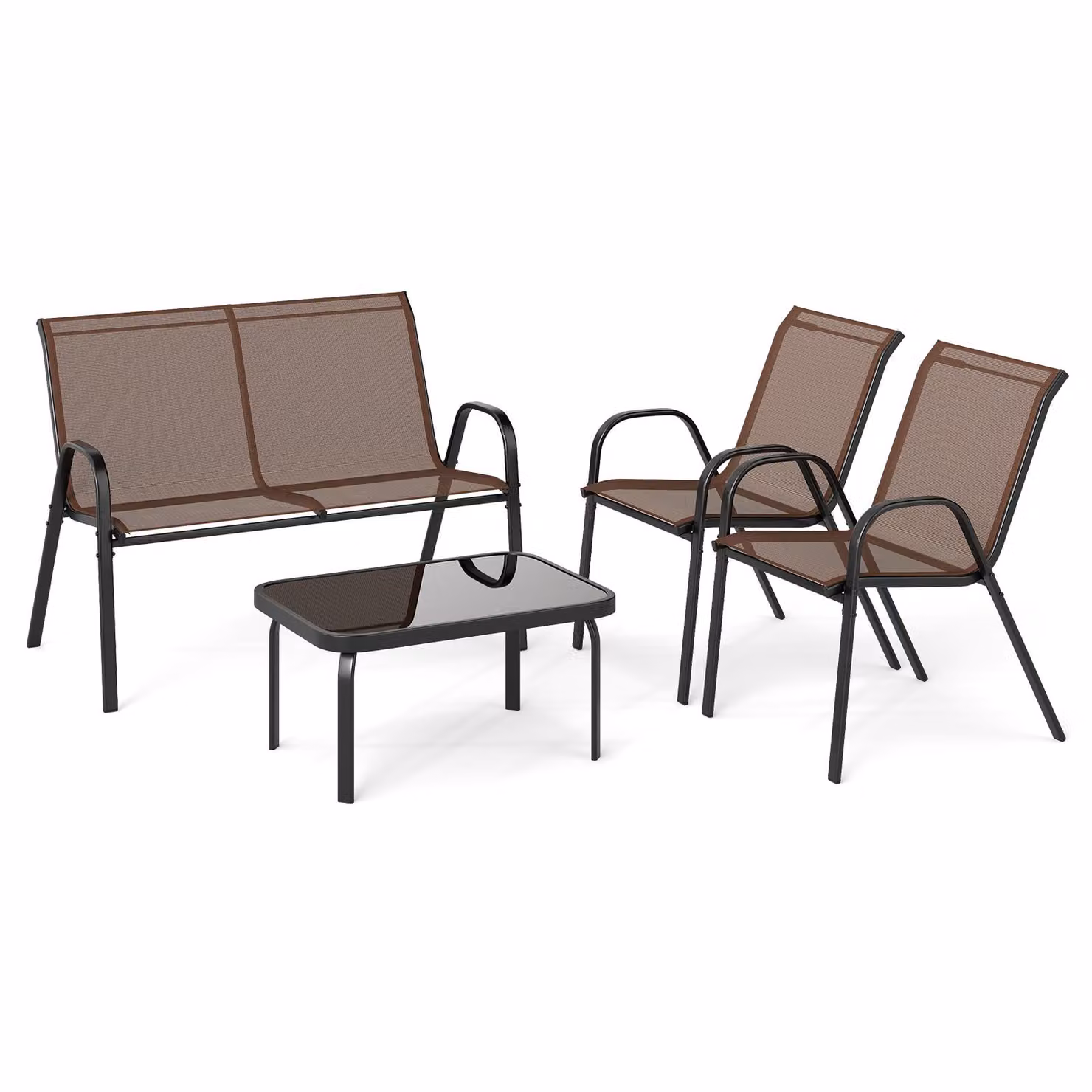 COSTWAY Set 4 pezzi di mobili da giardino, mobili da balcone, mobili da patio, gruppo di sedute per 4 persone, set da giardino con 2 sedie, panca e tavolo marrone