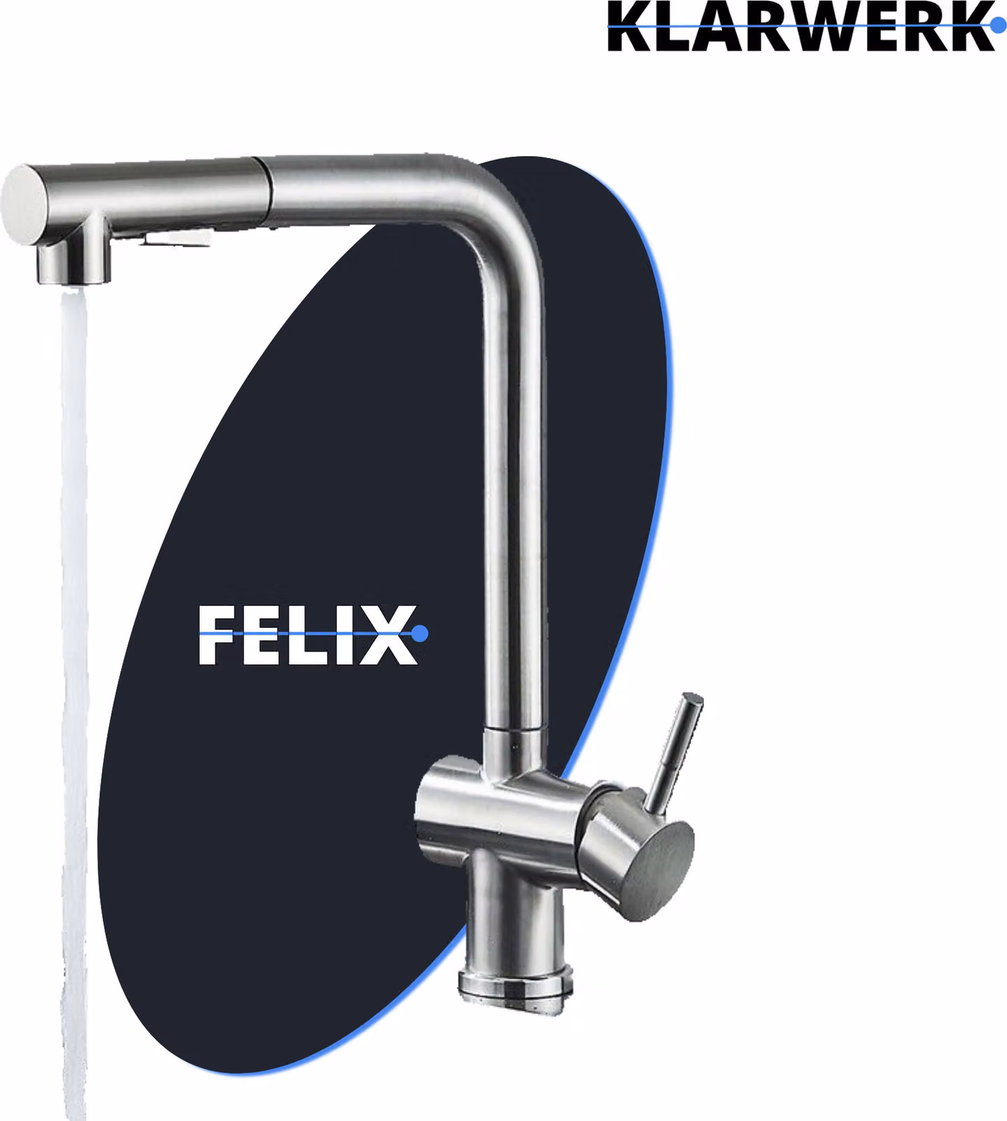 FELIX| Rubinetto estraibile Premium in acciaio inox argento spazzolato | miscelatore bocca dritta | rubinetto gastro alta pressione 360° 2 attacchi