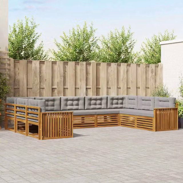 Set di divani da esterno vidaXL a forma di L in legno di acacia con cuscini grigi, composto da 9 pezzi