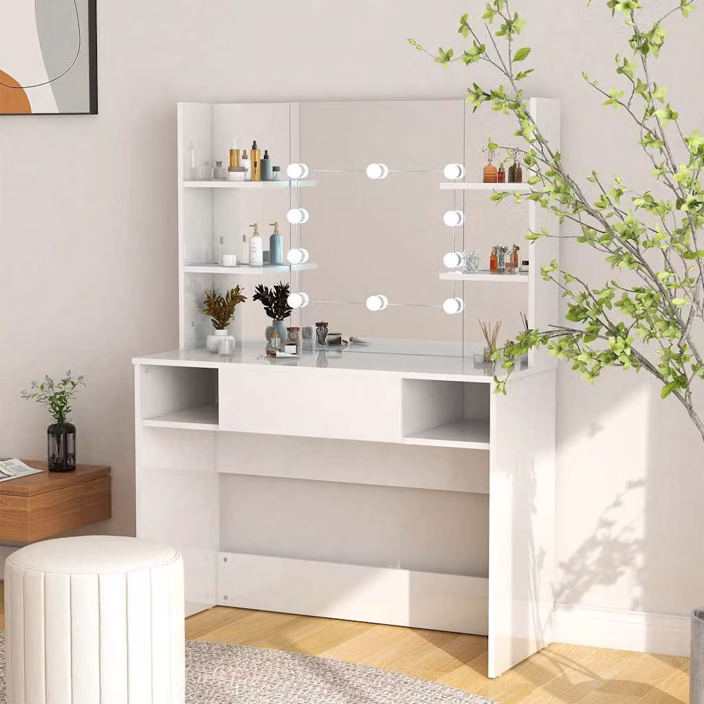 vidaXL Toeletta Hollywood con Luci LED in MDF Bianco Lucido L: 100 cm, P: 40 cm, H: 135 cm