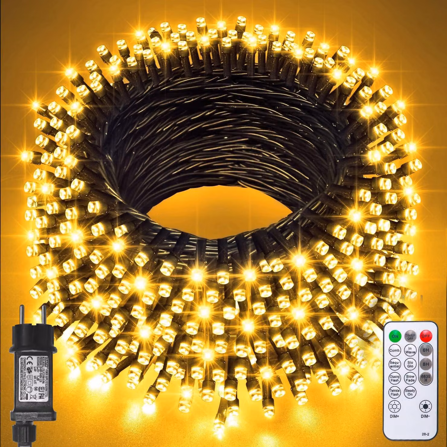 Catena luminosa a LED, 100 metri, 100 LED, luce bianco caldo, 8 modalità, timer