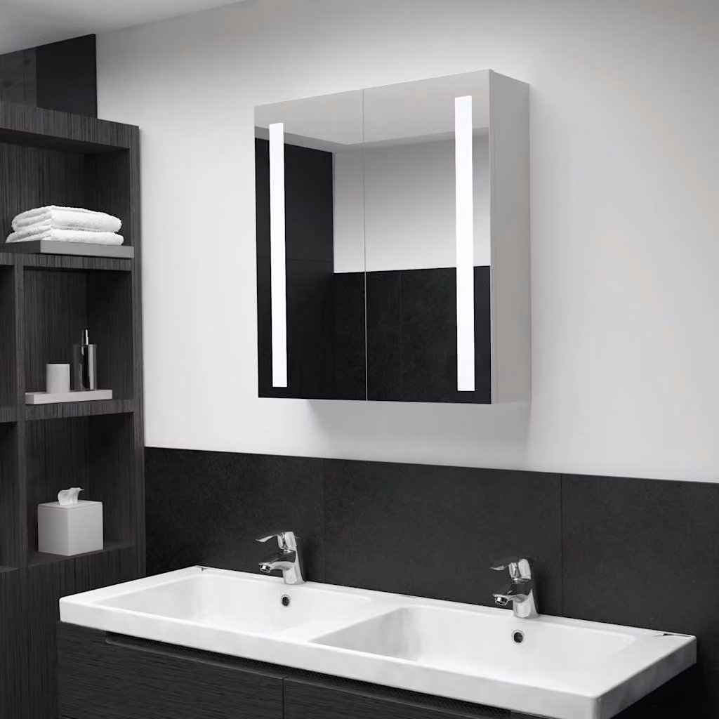 Armadietto da bagno moderno vidaXL con specchio e illuminazione LED, bianco e argento, L: 60 cm, P: 14 cm, H: 62 cm – 1