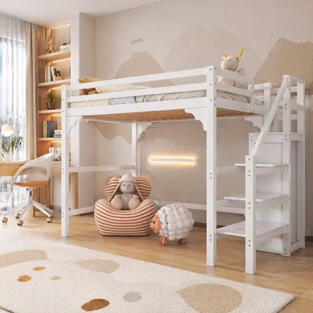 Letto a soppalco 140x200 cm bianco con armadio, scala contenitore e rete